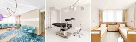 Sala de espera moderna, quirófano y habitación de pacientes en Hotel Europa Fit Vitalium Medical Centre, Hungría