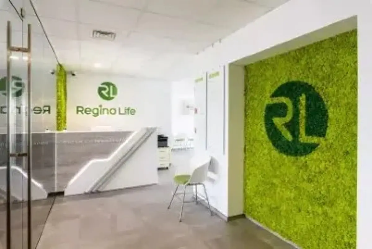 Empfangsbereich der Regino Life Klinik mit modernem grünem Interieur