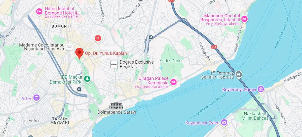 Карта розташування приватної клініки Юнус Каплан у центрі Стамбула, Туреччина