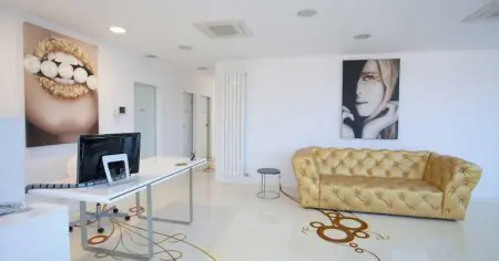 Recepción en Dr. Vlădău Studio con decoración moderna y sofá dorado