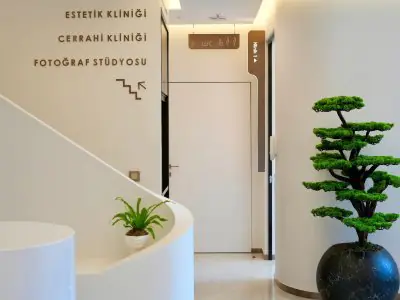 ممر حديث في عيادة Luna Dente Diş Kliniği مع لافتات ونباتات زينة