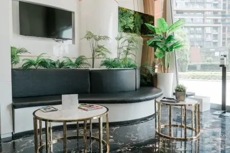 Área de espera moderna en Alar Dent con plantas y mesas de mármol