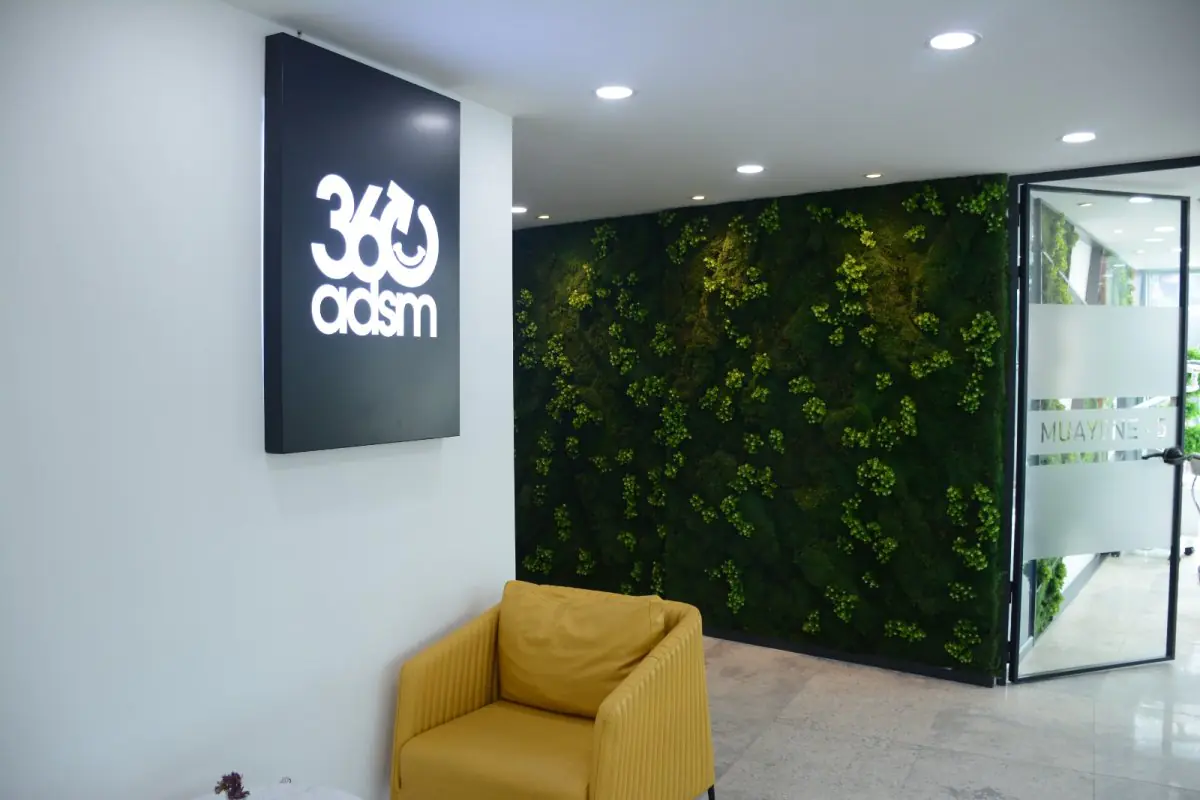 Empfangsbereich der 360 Dental Clinic mit modernem Design und grüner Wand