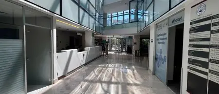Recepción y sala de espera moderna en DALI HAIR CLINIC con paredes de vidrio y luz natural