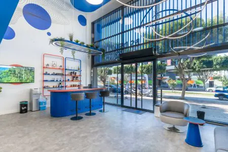 منطقة استقبال حديثة في BS Dental Studio مع نوافذ كبيرة وديكور عصري