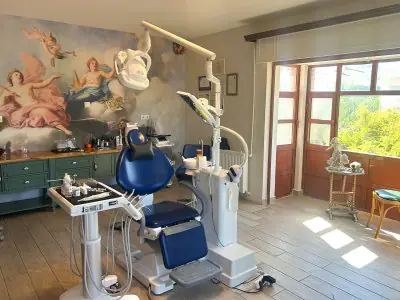 Sala de tratamiento dental en Dentaverse Turkey con equipo moderno y decoración artística