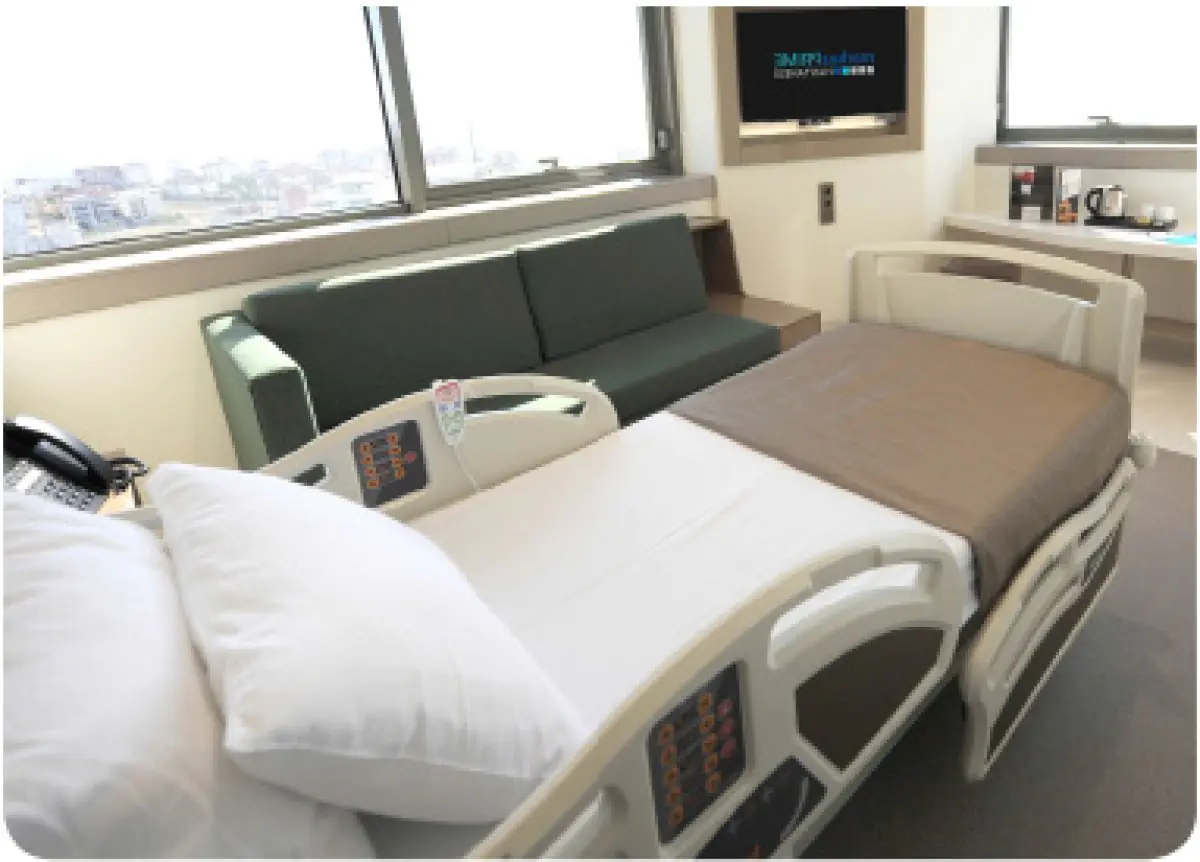 Patient room at Merkez Prime Hospital with modern bed and city view