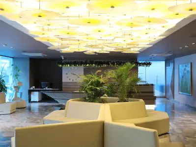 منطقة الاستقبال في Dr. Cinik Hair Hospital بتصميم حديث ومقاعد ونباتات