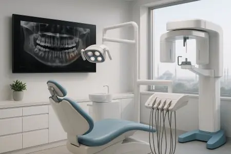 غرفة علاج أسنان حديثة في Aqua Dental Clinic مع جهاز أشعة بانورامية