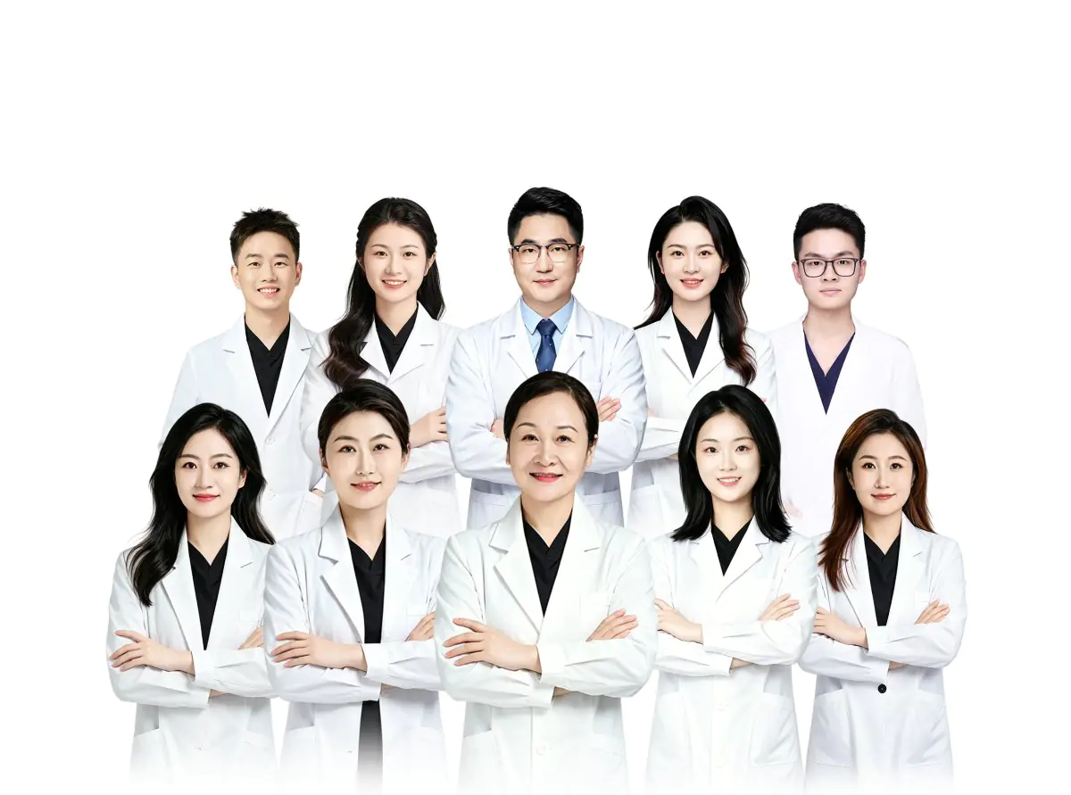 VBright Dental clinic medical team in white coats, group staff photo