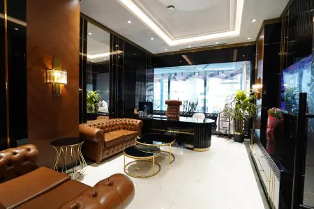 Área de recepción en SaphireDent Dental Clinic con decoración moderna y asientos de cuero