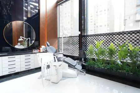 Sala de tratamiento dental moderna en SaphireDent Dental Clinic con grandes ventanas y plantas