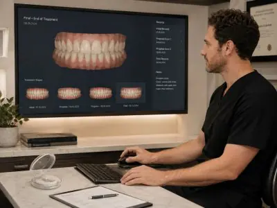 طبيب تقويم الأسنان في D4 Dental Clinic يراجع فحص الأسنان الرقمي على الكمبيوتر