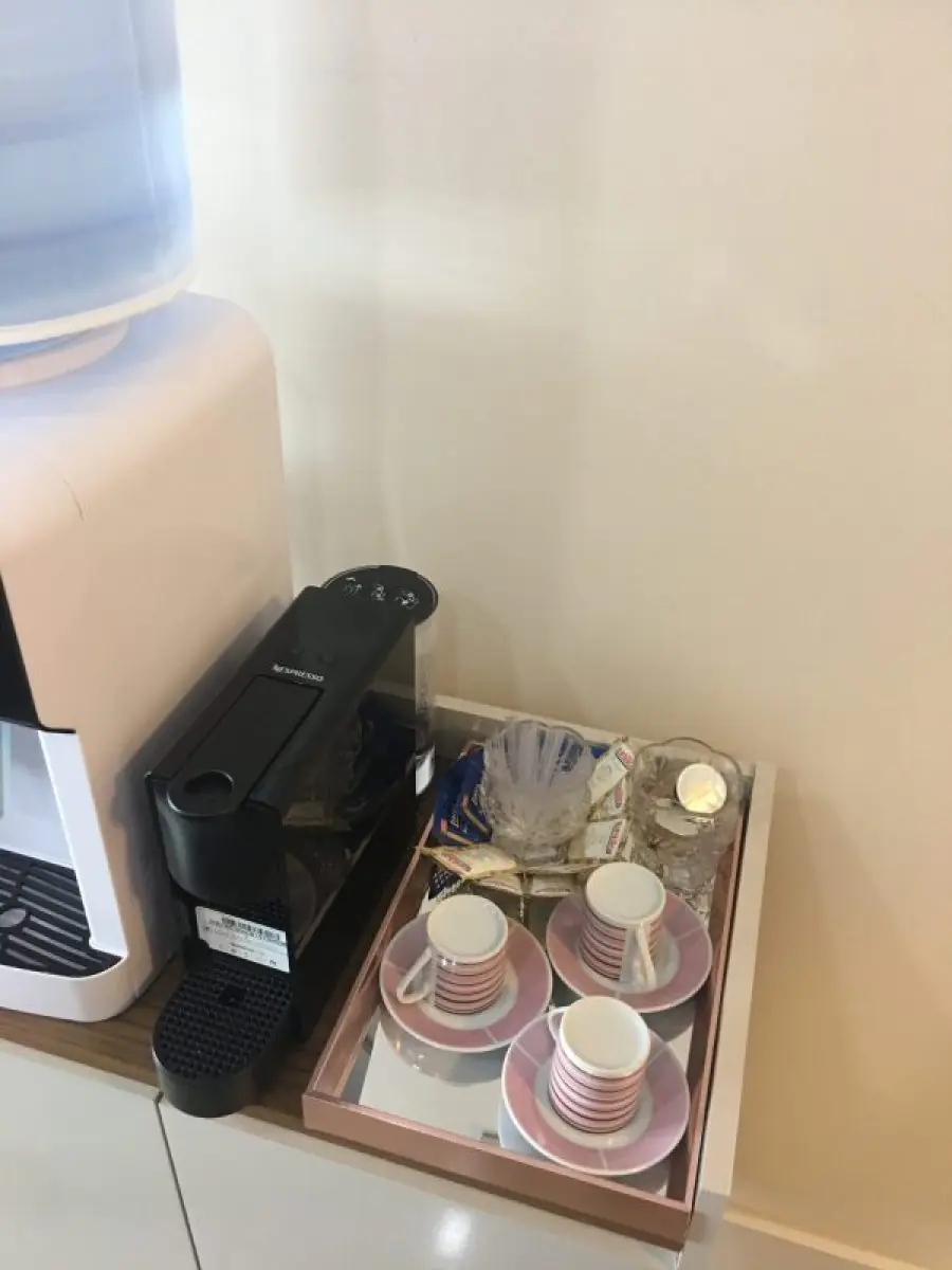 Coffee and water station at Dr. Rafaela Lopes dental clinic, Salvador, Brazil