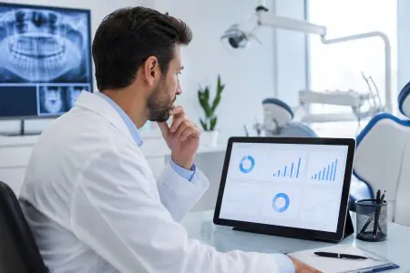 طبيب أسنان يحلل بيانات في عيادة Dr. Rafaela Lopes، مكتب أسنان حديث