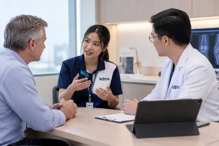 غرفة استشارة في مستشفى kdms Orthopedic مع مناقشة بين الأطباء والمريض