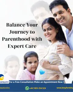 Familia feliz con mujer embarazada en banner promocional de BMP Fertility