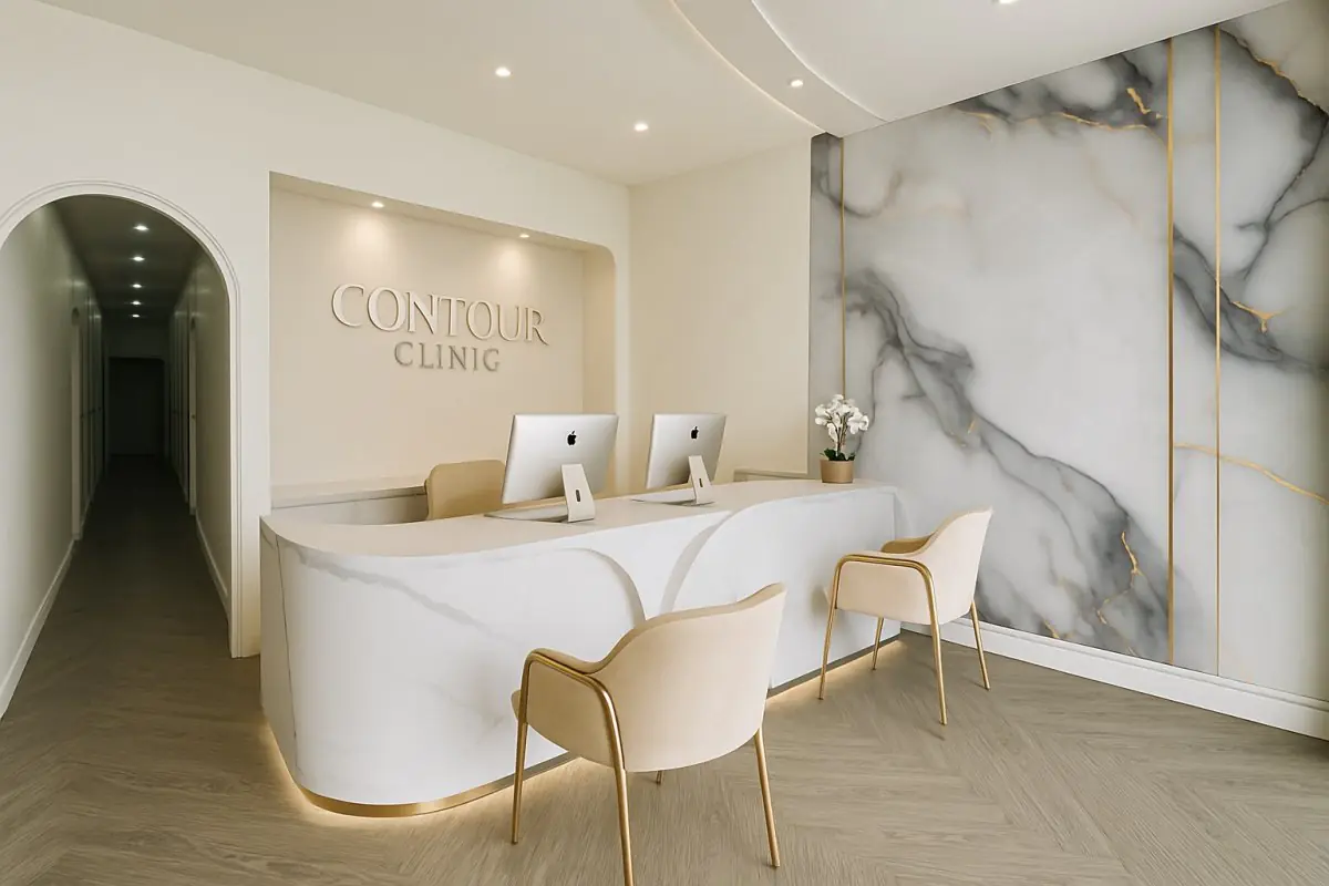 Reception area at Contour Clinic Thailand with modern marble decor and computers