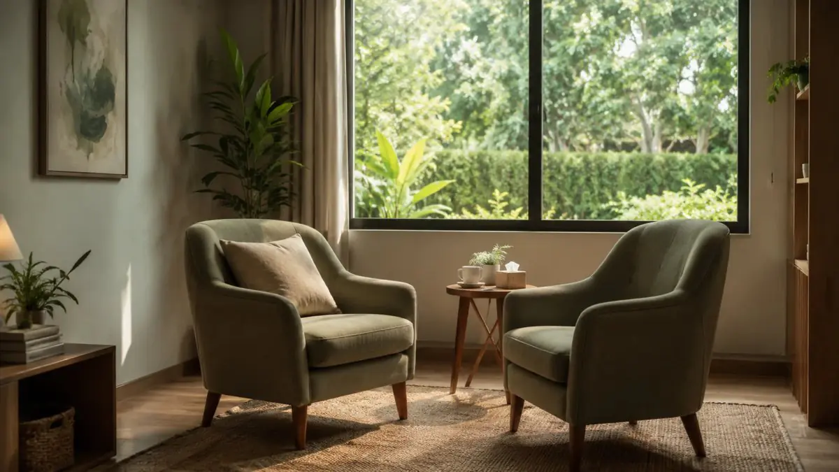 Cozy counseling room at The Warmth Rehab with armchairs and garden view