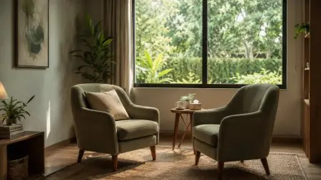 غرفة استشارات مريحة في The Warmth Rehab مع كراسي وإطلالة على الحديقة