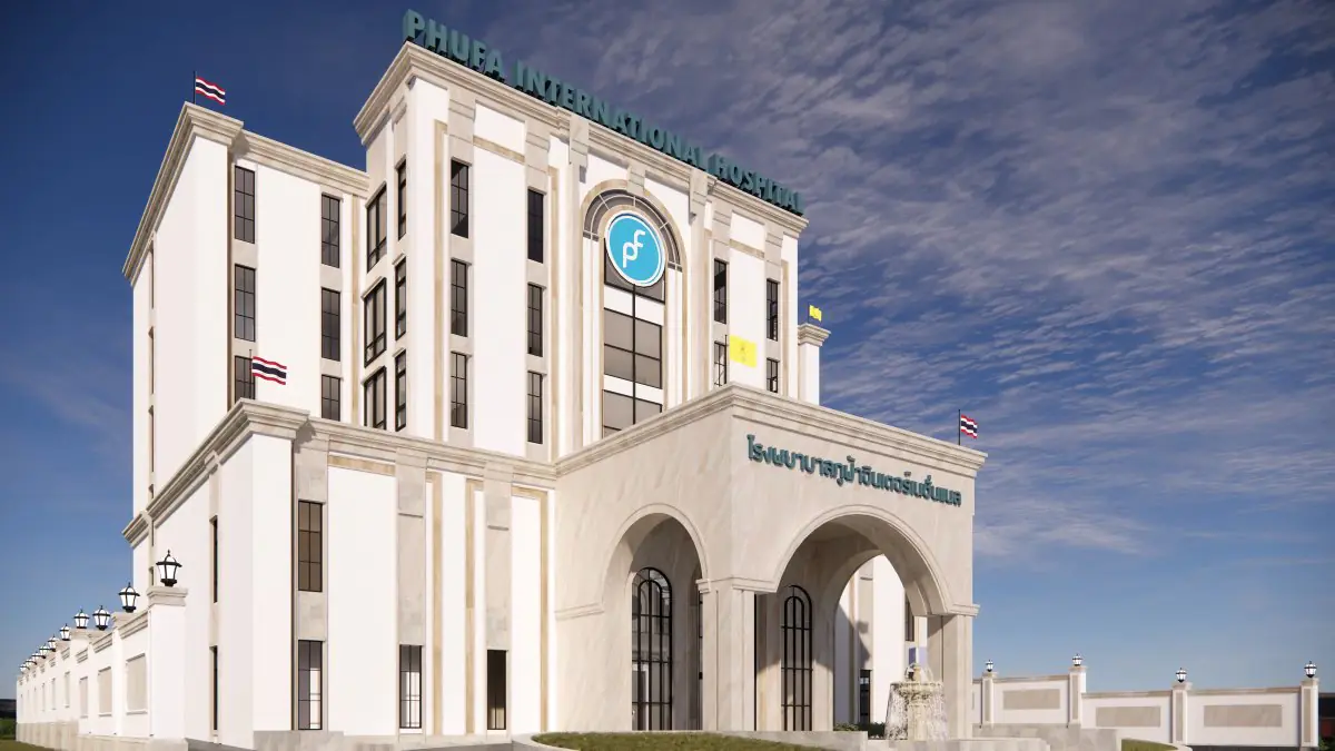 Phufa International Hospital exterior, modern medical facility in Thailand