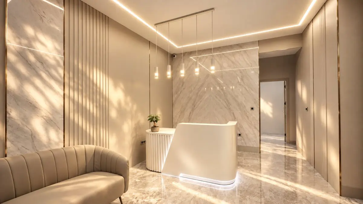 Reception area at Dental Club Karadjovi with modern marble interior