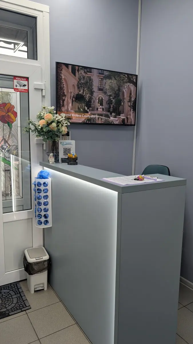 Accueil de la Synergy Dental Clinic avec décoration moderne et arrangement floral