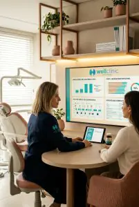 Sala de consulta en Well Clinic Odontologia con gráficos dentales digitales