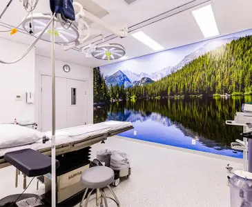Quirófano en la clínica Dr. Bruno Gasperin con equipo moderno y mural de naturaleza