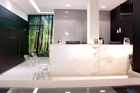 Recepción en la clínica Dr. Xênia Portella, diseño moderno con mural de bosque