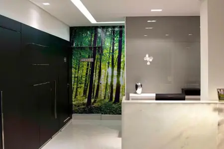 Área de recepción en la clínica Dr. Xênia Portella con decoración moderna y mural de bosque