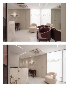 Recepción y sala de espera en la clínica de la Dra. Camila Horr Zaki, interior moderno en Brasil