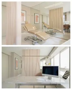 Sala moderna de consulta y tratamiento en la clínica Dr. Camila Horr Zaki, Brasil