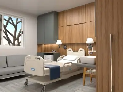 Habitación de paciente en la clínica Dr. Rogério Matoso con cama moderna y decoración de madera