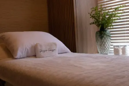 Sala de recuperación de pacientes en la clínica Dr. Mario Bongiolo con cama y decoración relajante