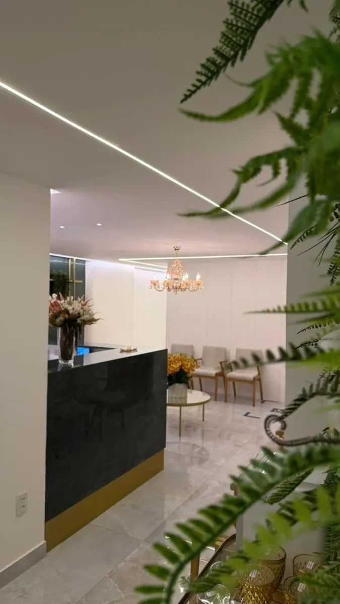 Reception area at Le Clinique with modern decor and waiting chairs