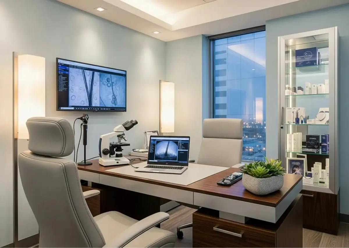 Modern dermatology consultation room with microscope and digital imaging equipment