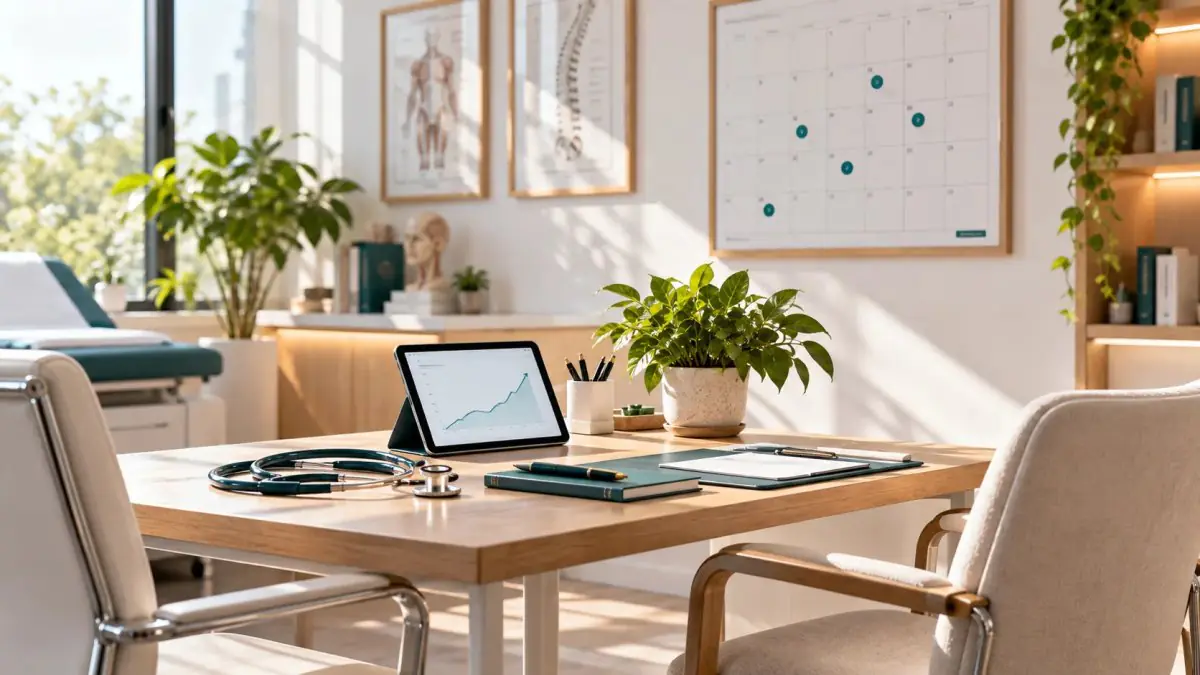Modern doctor's office with desk, stethoscope, tablet, and medical decor