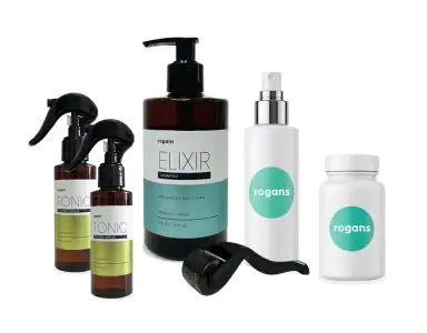 Set de productos para el cuidado capilar y dermaroller de la clínica Rogans