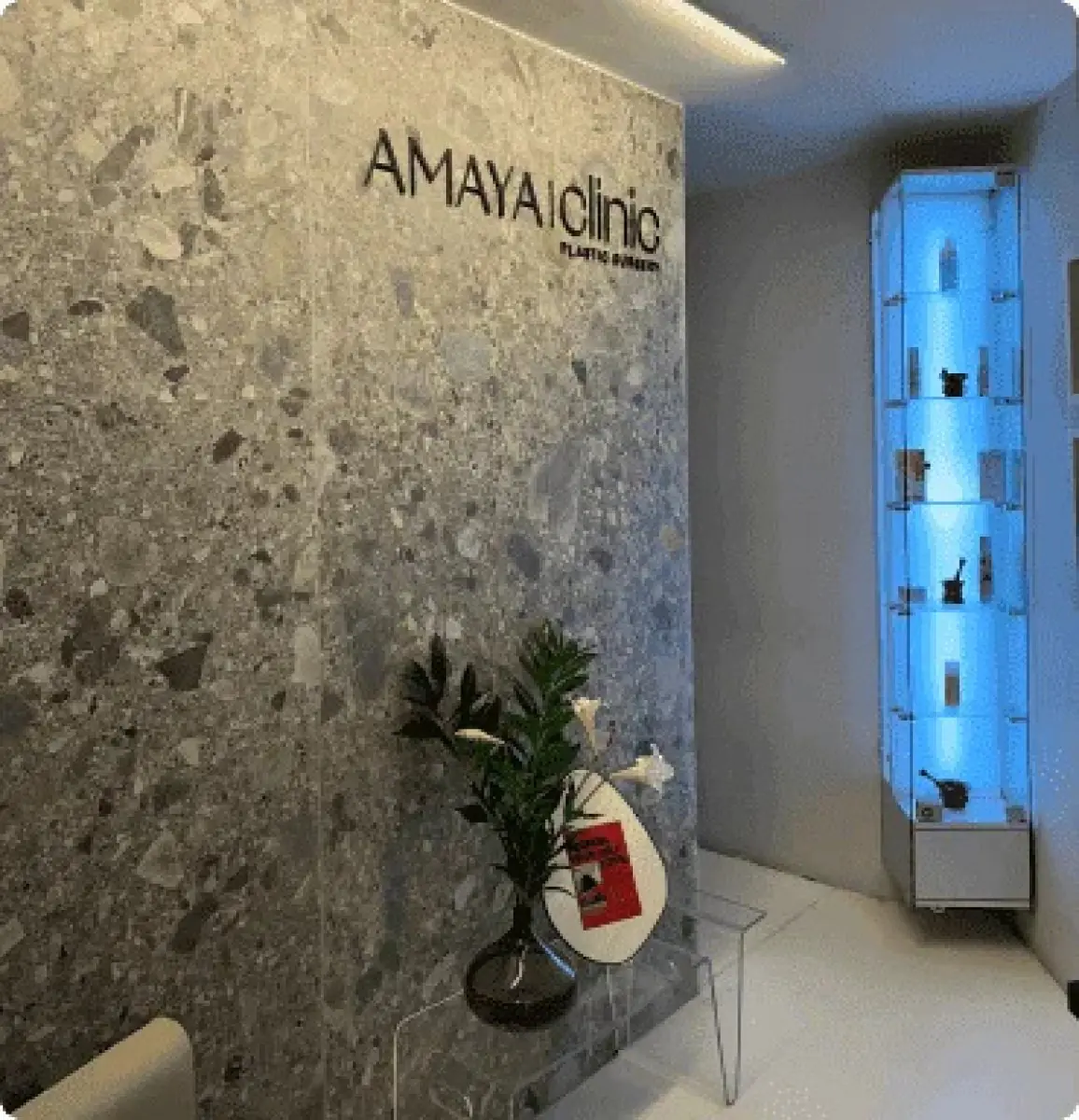 Modern reception area at AmayaClinic® with decorative wall and illuminated display case