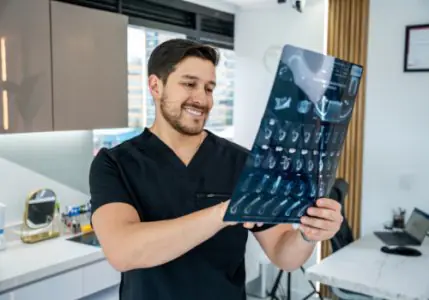 Dentista revisando radiografía dental en sala moderna de Elite Smiles