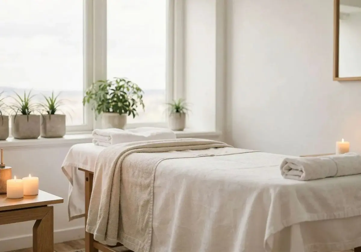 Relaxing therapy room at Kaloni México clinic with massage table and candles