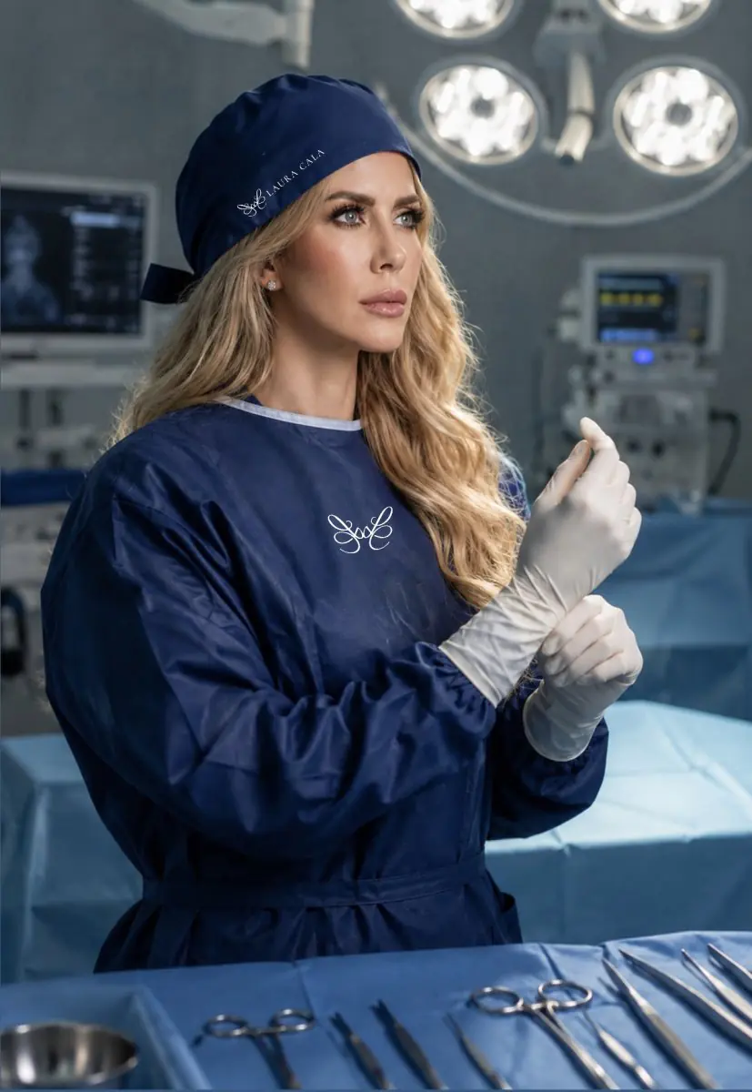 Dr. Laura Cala preparing for surgery in modern operating room with surgical instruments