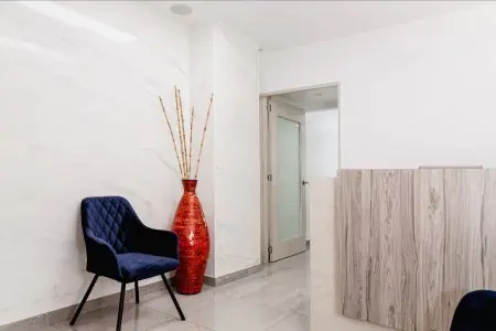 Área de recepción en la clínica Dra. Stephania Pinedo con decoración moderna en México