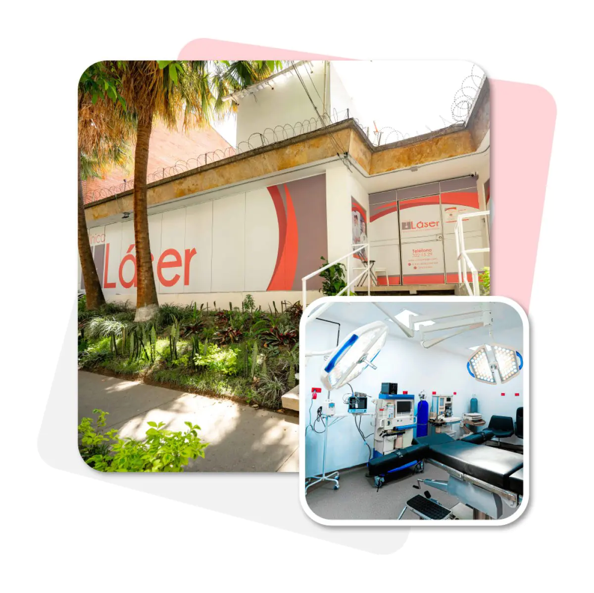 Clinic Láser exterior with garden and modern operating room with surgical equipment