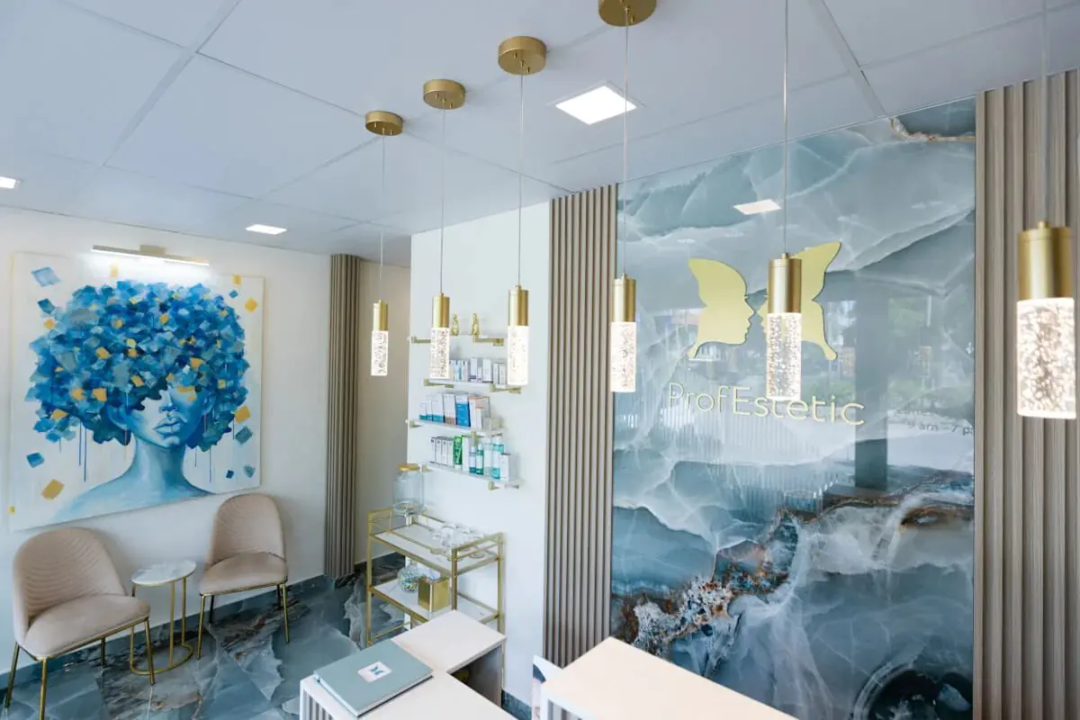 Reception area at ProfEstetic clinic with modern decor and waiting chairs
