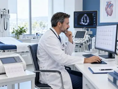 غرفة تشخيص أمراض القلب في Punta Cana Doctors مع أجهزة تخطيط القلب والموجات فوق الصوتية