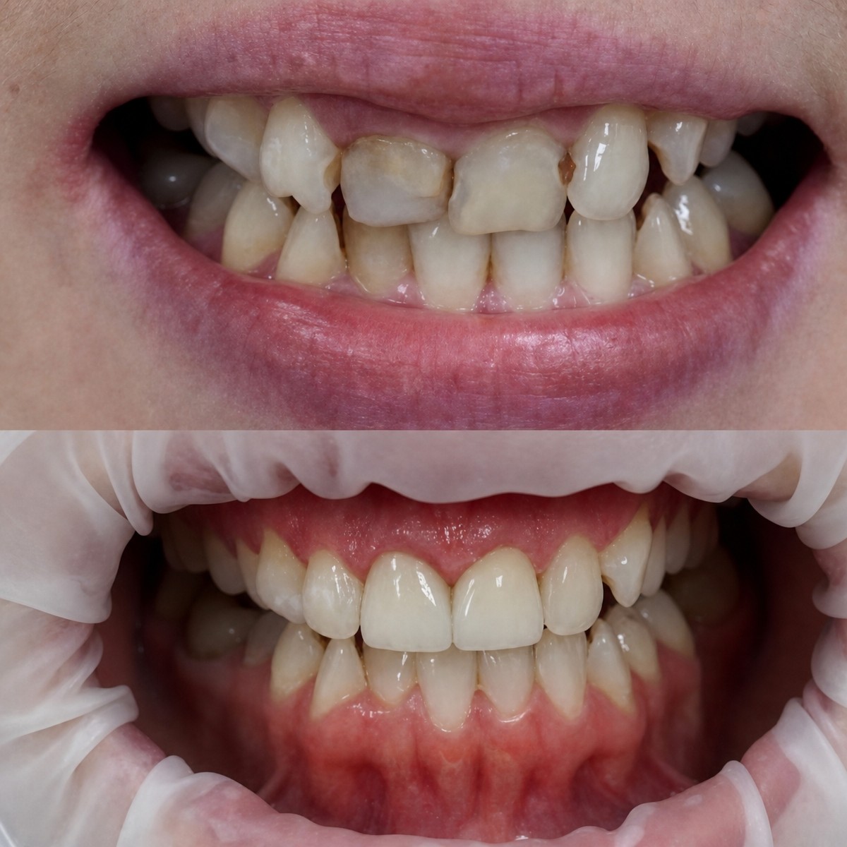 نتائج قبل وبعد تركيب تيجان الزركونيا في VSC Dental Clinic، ابتسامة محسنة