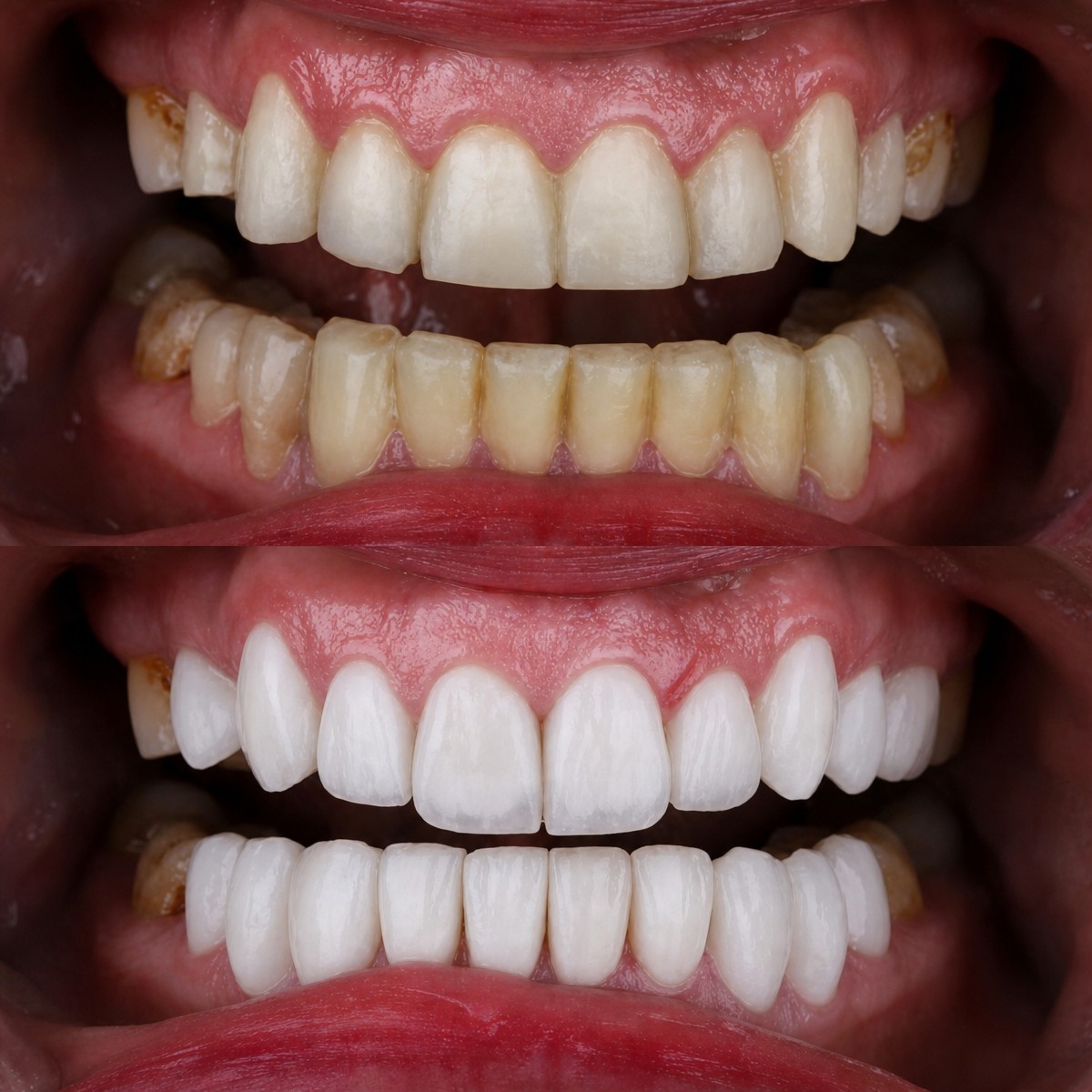 Antes y después de carillas en Implant4Life by Smilefactory, resultados de transformación de sonrisa