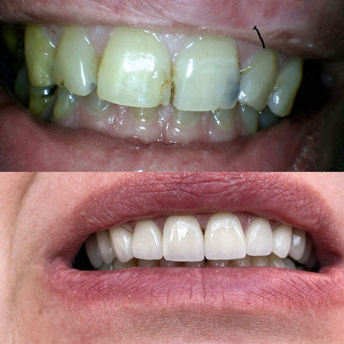 Resultados antes y después de reemplazo de coronas dentales en Teethsavers Dental Clinic, sonrisa mejorada